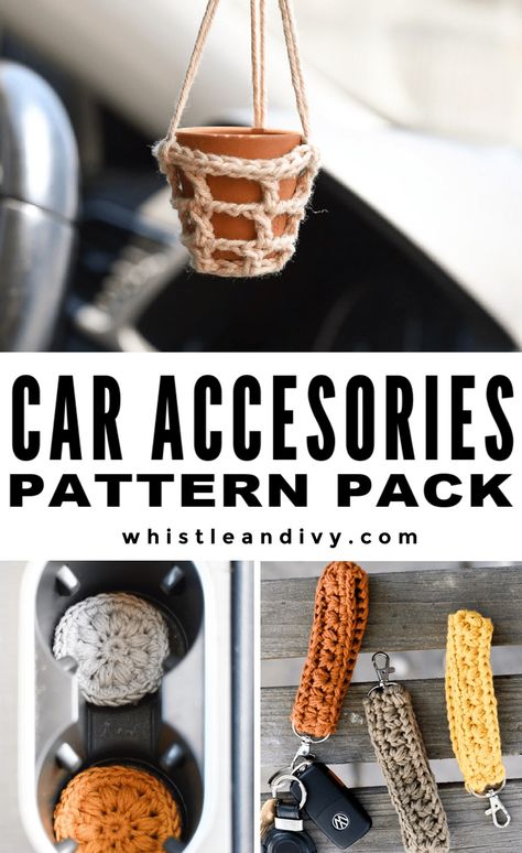 Quick Crochet Oil Diffuser + Auto Essentials - crochet pattern Crochet Car Dangles Free Pattern, Crochet Items For Car, Crochet Air Freshener Holder, Crochet Car Key Holder, Crochet Air Freshener Covers, Free Crochet Car Decor Patterns, Rearview Mirror Crochet Patterns Free, Free Crochet Car Hanger Pattern, Crochet Car Plant Hanger Pattern Free