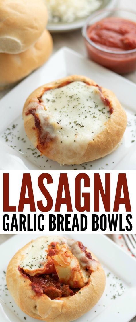 Warm, comforting, gooey and delicious - these Lasagna Garlic Bread Bowls are a fun way to update and enjoy a classic winter favourite. Easy enough to serve your family for a weekday meal, but also impressive enough for a dinner party. Pasta Bread Bowl Recipe, Lasagna Bread Bowls, Lasagna Bread Bowl Recipe, Garlic Bread Stuffed Lasagna, Lasagna Stuffed Garlic Bread, Spaghetti Garlic Bread Bowl, Bread Bowl Recipe, Weekday Meals, Bread Bowls