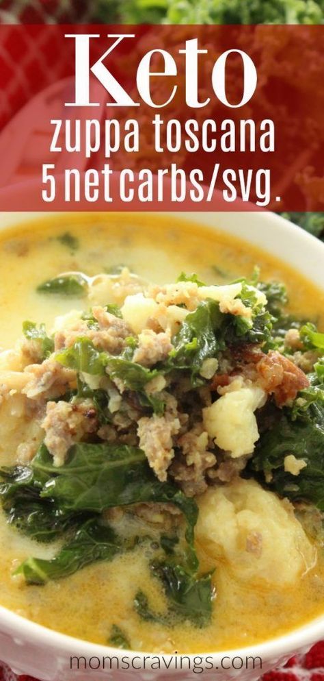 Craving a Low Carb Soup? This Zuppa Toscana Keto Soup is the BEST! Cauliflower, sausage and cream come together perfectly to create an easy Keto dinner that satisfies even the pickiest eaters! #fwtwl #ketodiet #lowcarbdinner Sausage Soup Recipes Keto, Zappa Toscana Soup Keto, Zuppa Toscana Keto, Zappa Toscana, Keto Zuppa Toscana, Keto Zuppa, Zuppa Toscana Soup Olive Garden, Garden Soup, Keto Soups