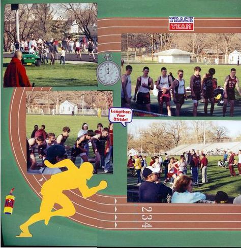 Final home Senior Track event 2004 Track Scrapbook Layouts Ideas, Senior Night Posters Track And Field, Track And Field Scrapbook Layouts, Track Scrapbook Layouts, Yearbook Sports Spreads, Football Scrapbook, School Memories Scrapbook, School Layout, Senior Posters