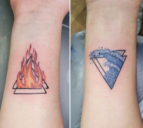 Fire And Water Sign Tattoo, 2 Lines Tattoo, Fire And Ice Tattoo, Fire And Water Tattoo, Hers Tattoo, Tattoo With Deep Meaning, Ice Tattoo, Pair Tattoos, Son Tattoos