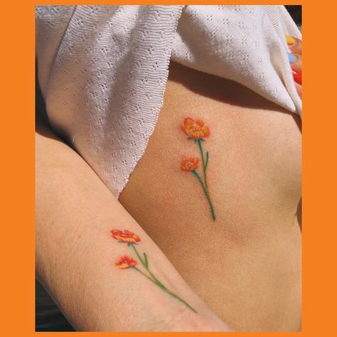 simple colorful flower tattoos matching tattoos orange red green yellow colors Mini Flower Tattoos Color, Tiny Colorful Flower Tattoos, Colored Poppy Tattoo, Orange Tattoo Color, Orange Colored Tattoo, Orange Flowers Tattoo, Simple Colored Tattoos, Orange Ink Tattoo, Orange Poppy Tattoo