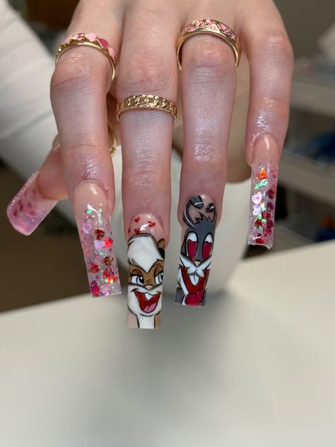 Hand painted cartoon nails Lola & Bugs Bunny valentines nails. Bugs Bunny And Lola Nails, Bugs Bunny Valentine Nails, Valentine Cartoon Nails, Valentine Character Nails, Lola Bunny Nails, Bugs Bunny Nails, Looney Tunes Nails, Lola Nails, Lola Bugs Bunny