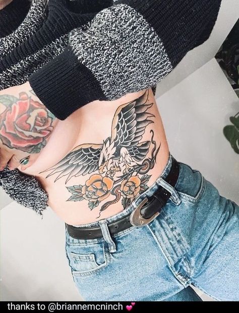 Eagle tattoo underboob sternum Women Sternum Tattoo, Eagle Back Tattoo, Traditional Back Tattoo, Traditional Eagle Tattoo, Tummy Tattoo, Pet Tattoos, Stomach Tattoos Women, Traditional Tattoo Inspiration, Belly Tattoos