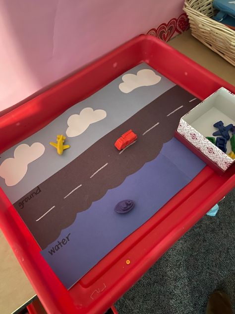 Land Travel Preschool Activities, Land Sea Air Preschool, Land Transport Art And Craft, Transport Small World Eyfs, Land Air And Sea Transportation Activities, Transport Playdough, Tuff Tray Ideas Toddlers, Transportation Theme Preschool, Dinosaur Activities Preschool