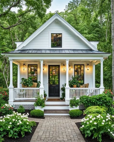 Tiny Home Ideas Tiny Ranch House, Tiny House With Porch, Farmhouse Tiny House, Tiny Home Ideas, Cabin Painting, Farmhouse Home Design, Small White House, Mini Farmhouse, Tiny Farmhouse