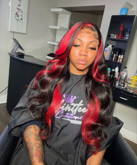 Black Hair With Red Highlights Black Women, Birthday Sew In Hairstyles With Color, Red Hair Color Ideas For Black Women, Wigs With Color Highlights, Red Wig For Black Women Hairstyles, Black And Red Sew In Weave, Side Part Wig Color, Frontal Hairstyles Ideas Color, Black Wigs With Highlights