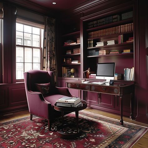 Burgundy Home Office, Dark Purple Office, Plum Office, Maroon Office, Red Home Office, Burgundy Office, Monochrome Interior Design, Arizona Interiors, Clue Board