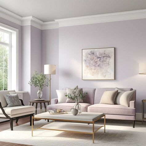 Light Colour For Living Room Wall, Light Purple Walls Living Room, Hall Room Paint Color Ideas, Light Lavender Walls, Lavender Painted Room, Light Lilac Paint Color, Small Living Room Wall Color Ideas, Light Purple Living Room Walls, Lavender Walls Living Room