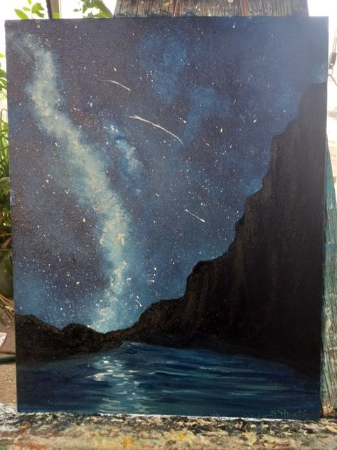 Along the river colorado under a night sky art by Stacie Sheets River At Night Painting, Surroundings Art, Paintings Diy, Space Sky, Pretty Paintings, Sky Lake, Night Sky Art, Paint Inspo, River Painting