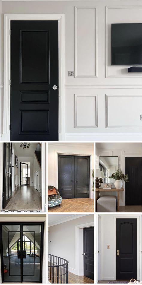 Imagine a world where timeless elegance meets bold contrasts in interior design. As we delve into the realm of black doors with white trim, you'll be treated Black Doors And White Walls, Black Door Hallway, White Trim Black Doors, White Walls Black Doors, Interior Black Doors, Black Doors With White Trim, Herringbone Tile Wall, Black Herringbone Tile, Cream Cabinets