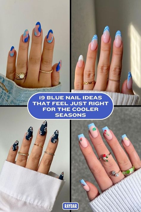 Ombré effects, chrome finishes, and subtle details make blue nails feel anything but boring. To prove it, here are 19 blue nail designs for fall and winter—baby blue, navy, and more included. #bluenails #bluenaildesigns Light Blue Nail Tips, Dark Blue Nail Designs Ideas, Blue Fancy Nails, Beach Blue Nails, Blue And Nude Nails, French Blue Nails, Blue Abstract Nails, Baby Blue French Tip, Nail Designs For Fall