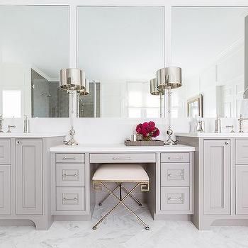 Gray Shaker Makeup Vanity with Greek Key Stool Marie Flanigan, Transitional Bathroom, Steam Showers Bathroom, Master Bath Remodel, Bath Cabinets, Cedar Creek, Makeup Table, Bathroom Vanity Cabinets, Trendy Makeup