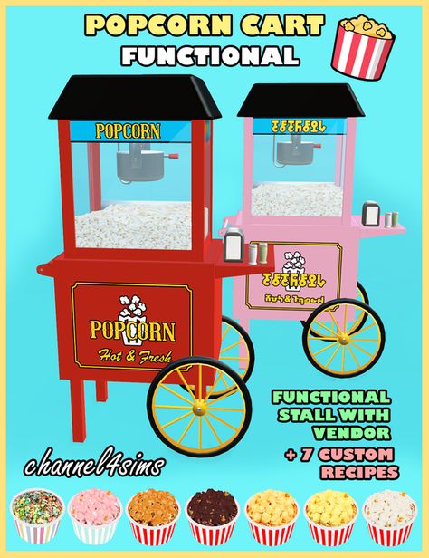 Rainbow Popcorn, Around The Sims 4, Popcorn Stand, Popcorn Cart, Sweet Popcorn, Japanese Festival, Bbq Set, Popcorn Machine, Custom Recipe