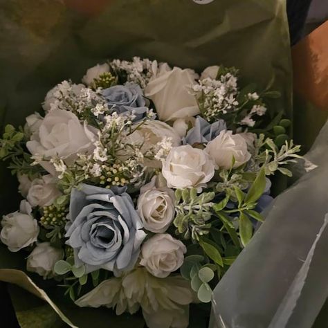 Faux Bridal Bouquet With Dusty Blue Flowers, Blue Bouquet, White and Blue Bouquet, Silk Wedding Bouquet, Faux Bridal Bouquet - Etsy Bouquet White And Blue, White And Blue Bouquet, Faux Bridal Bouquet, Dusty Blue Flowers, Bridal Bouquet Blue, Artificial Wedding Bouquets, Silk Wedding Bouquets, Green Bouquet, Faux Leaf