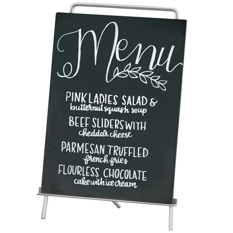 Cal-Mil 3717-811-49 Mid-Century 8 1/2" x 4" x 13 1/4" Chrome Sign Holder Chalkboard Signs Business, Sign Easel, Brass Sign, Beautiful Food Presentation, Decorative Lettering, Wet Floor Signs, Chalkboard Markers, Beef Sliders, Marker Board