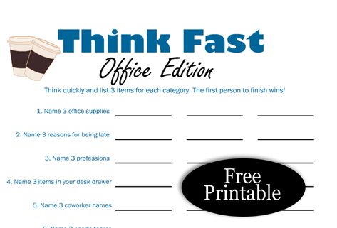 Think Fast, Free Printable Office Party Game Game Room Printables Free, Video Game Printables Free, Gamer Free Printable, Printable Memory Game For Adults, Printable Games For Adults Enjoymyprintables, Think Fast Game, Kid Holiday Games, Housewarming Party Games, Housewarming Games