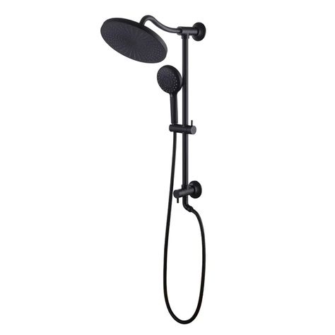 Wall Mounted 5-Spray Pattern Handshower And Showerhead Combo Kit In Matte Black Farmhouse Shower Head, Shower Fixture Ideas, Matte Black Shower Fixtures, Black Shower Fixtures, Den Remodel, Bathroom Plumbing Fixtures, Black Bathroom Hardware, Rustic Shower, Bathroom Shower Heads