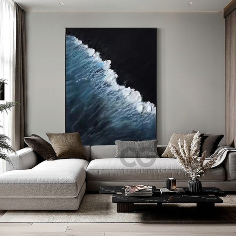 Black White And Blue Interior Design, Living Room Large Pictures, Black And Blue Coastal Decor, Love In A Painting, Black And White Beach House Living Room, Black Sand Beach Painting, Black Beach Painting, Black And White Beach Decor, Black Beach Decor