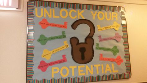 Unlock your potential bulletin board Keys To Success Bulletin Board, Leadership Bulletin Boards, Career Bulletin Boards, Middle School Bulletin Boards, Hands Craft, Celebration Board, Classroom Boards, School Board Decoration, Winter Bulletin Boards