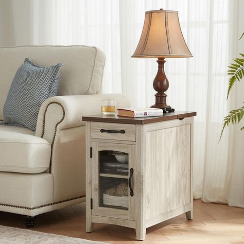 Lark Manor Aneshia End Table with Storage and Charging Station & Reviews | Wayfair Compact Table, Glass Cabinet Door, Better Organization, Farmhouse End Tables, Tall End Tables, Stylish Side Table, Shelf Support, End Table With Storage, Floor Shelf