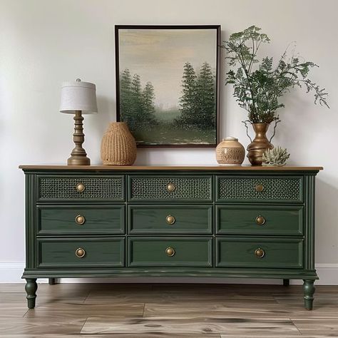 A Ray of Sunlight - Painted Furniture & DIY Bedrooms With Green Furniture, Green Painted Furniture Living Room, Painted Mid Century Modern Furniture, Painted Credenza Ideas, Green Entry Table, Green Chalk Paint Furniture, Dresser Painting Ideas Creative, Dark Green Dresser, Dark Green Furniture