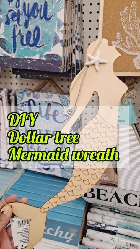 Beach Theme Bathroom Diy, Mermaid Crafts For Adults, Dollar Tree Mermaid Tail Wreath, Diy Mermaid Decorations, Dollar Tree Mermaid, Mermaid Wreaths, Diy Mermaid Decor, Mermaid Diy Crafts, Cabin Door Decorations