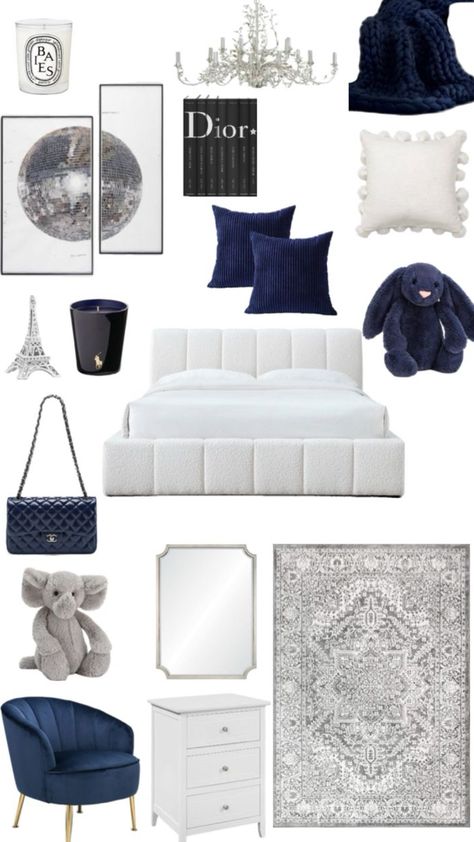 White Navy Bedroom, Light Blue And White Room, Stockholm Room Inspo Bedroom, Stockholm Room Decor, Stockholm Bedroom Aesthetic, Navy Room Aesthetic, Navy Blue Room Ideas, White And Navy Bedroom, Navy Blue Room Aesthetic