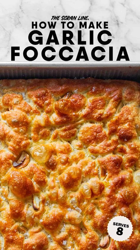 Easy No-Knead Garlic Focaccia No Knead Foccacia Bread Recipes, Roasted Garlic Foccacia, Small Batch Focaccia, No Knead Foccacia Bread, Garlic Foccacia Bread, Homemade Foccacia, Overnight Focaccia, No Knead Focaccia, Garlic Focaccia