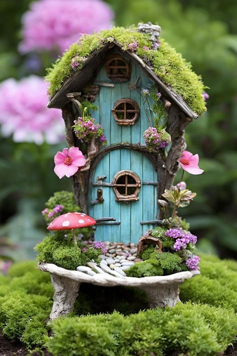 Miniature fairy house with blue wooden door, moss roof, tiny round windows, pink flowers, and red spotted mushroom decoration Fairy House Diy Natural Materials, Gnome House Diy, Diy Fairy House Ideas, Whimsical Playhouse, Garden Ideas Kids, Fairy House Tutorial, Backyard Fairy Garden, Enchanting Backyard, Fairy Town