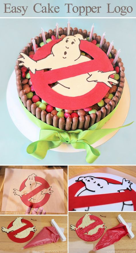 Ghostbusters Birthday Cake by Craft me Happy!  How to convert an image into a chocolate cake topper. Ghostbusters Birthday Cake, Birthday Cake Craft, Ghostbuster Birthday, Ghostbusters Cake, Ghost Busters Birthday, Ghost Busters Birthday Party, Ghostbuster Party, Ghostbusters Birthday Party, Chocolate Cake Toppers