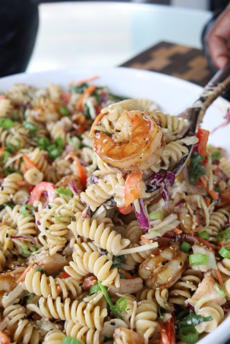 Asian Shrimp Pasta Salad - One Stop Chop Asian Pasta Salad, Daven Gates, Asian Pasta Salads, Corkscrew Pasta, Asian Pasta, Asian Shrimp, Shrimp Pasta Salad, Lemon Chicken Pasta, Juicy Shrimp