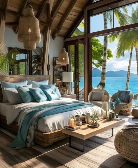 Tropical Beach House Interior, Bedroom By The Sea, Beach House Room, Island Beach House, Beachfront House, Dream Beach Houses, Island House, Tropical Houses, Hospitality Design