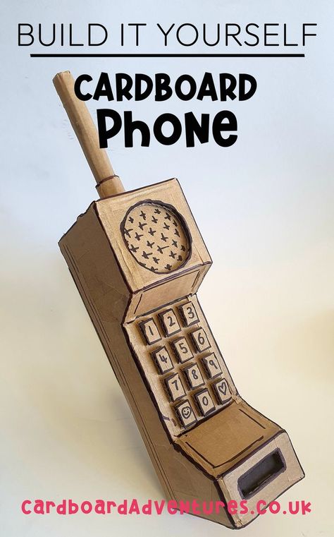 Cardboard Phone Toy made by Theatre designer Sam Wilde. Look for more patterns and templates for fun toys and DIY craft activities on CardboardAdventures.co.uk Cardboard Props Cosplay, Cardboard Phone Diy, 3d Cardboard Art Projects, How To Make A Cardboard Phone, Cardboard Arts And Crafts, Paper And Cardboard Crafts, Cardboard Diy Room Decor Aesthetic, Cardboard Props Diy, Carbord Craft Decor