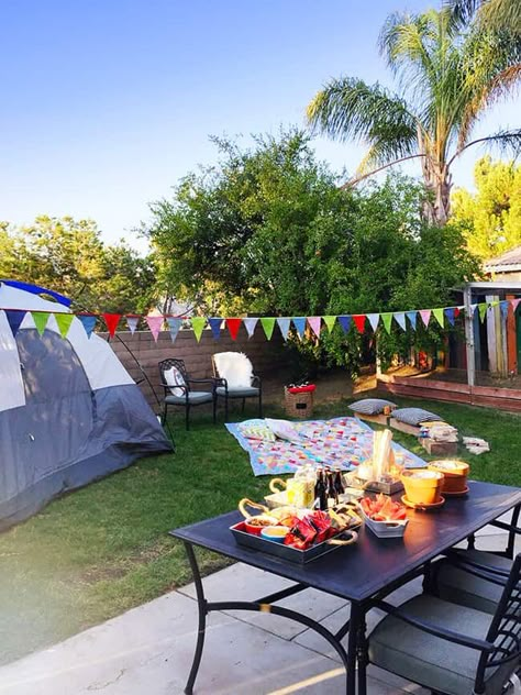 Backyard Campout Ideas, Camping Backyard Party, Backyard Campout Party, Backyard Campout Birthday Party, Backyard Camping Sleepover, Campout Ideas, Backyard Camping Birthday Party, Campout Birthday Party, Easy Camping Recipes