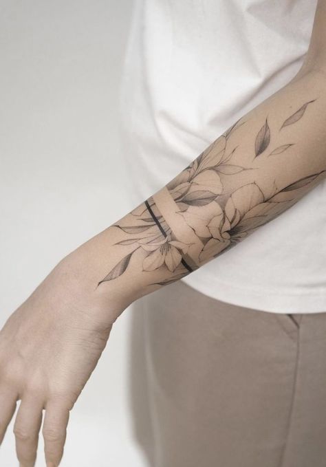 Arm Wrap Tattoo, Wrap Around Wrist Tattoos, Side Wrist Tattoos, Wrap Around Tattoo, Around Arm Tattoo, Cuff Tattoo, Wrap Tattoo, Tattoo Concepts, Flower Wrist Tattoos