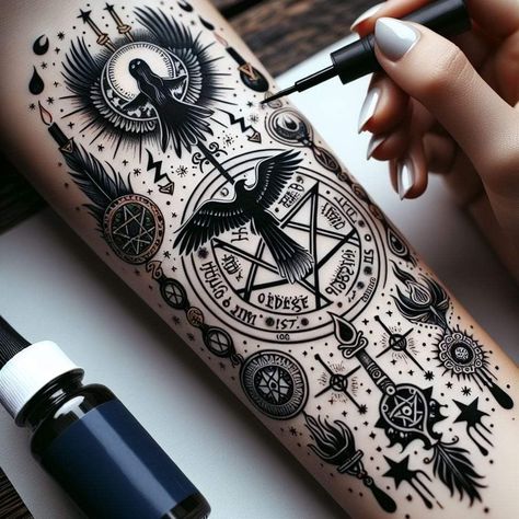 Witches Tattoo Symbols, Hedgewitch Tattoo, Chest Tattoo Female Witch, Tatos Men, Wiccan Tattoos For Women, Dark Witch Tattoo, Shogun Tattoo, Chris Tattoo, Nature Tattoo Ideas