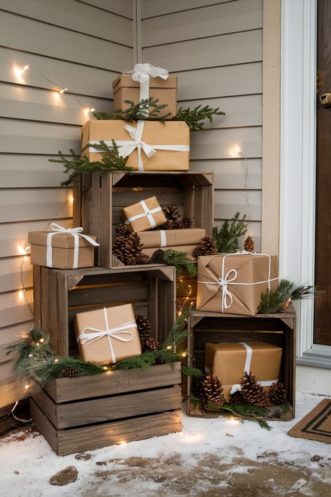 25 Front Porch Christmas Decor Ideas Wooden Christmas Presents Front Porches, Christmas Decor With Crates, Present Stacking Ideas, Farmhouse Display Ideas, Christmas Welcome Signs Front Porches, Christmas Porch Decorating Ideas Rustic, Wooden Crates Crafts, Transplant Party, Wooden Crates Christmas