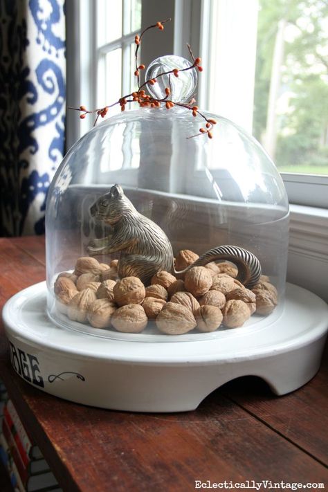 Glass Cloche Decor, Cloche Ideas, Cloche Decor, Vintage Squirrel, Fall Home Tour, Berry Garland, Autumn Display, Fall Deco, Autumn Decorating