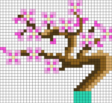 Sakura Bonsai Tree Perler Bead Pattern | Bead Sprites | Misc Fuse Bead Patterns Perler Bead Bonsai Tree, Bonsai Tree Perler Bead Pattern, Bonsai Tree Pixel Art, Cherry Blossom Perler Bead Pattern, Sakura Tree Pixel Art, Perler Bead Plant Pattern, Japanese Perler Bead Patterns, Tree Perler Bead Patterns, Sakura Perler Beads