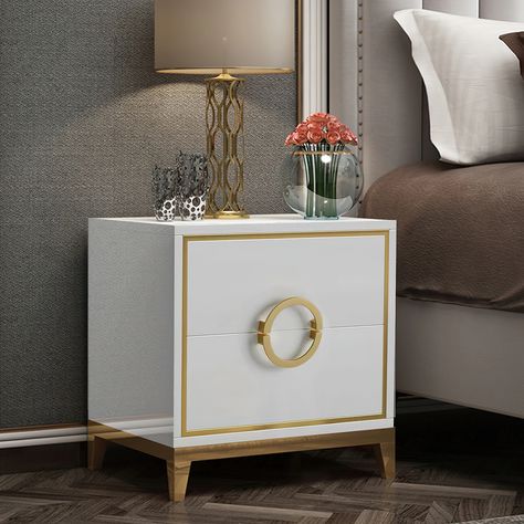 2 - Drawer Nightstand in White/Golden - Bed Bath & Beyond - 40240072 Gold Night Table, Luxury Bed Side Table Design, White And Gold Bedroom Aesthetic, White And Gold Bedroom Ideas, Golden Bed, Bed Side Table Design, Classy Bedroom, Bedroom Table, Gold Bedroom