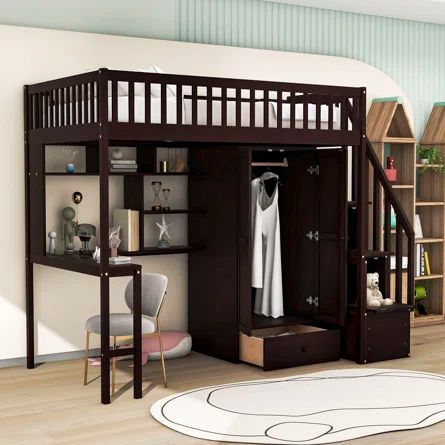 Harriet Bee Gonul Wooden Loft Bed With Built-In Desk, Wardrobe and Drawer | Wayfair Bed With Bookshelf, Desk And Wardrobe, Bed With Wardrobe, Bookshelf Bed, House Beds For Kids, Whimsical Bedroom, Twin Trundle Bed, Loft Bed Frame, Twin Size Loft Bed