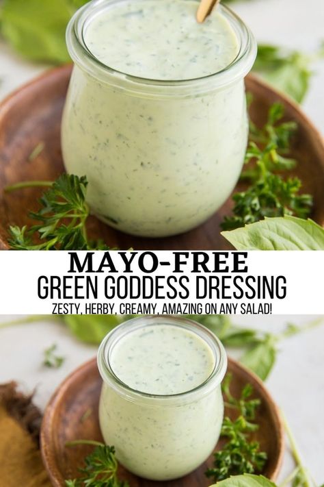 Mayo-Free Green Goddess Dressing - Fresh, herby, creamy salad dressing made without mayonnaise for a light yet flavorful dressing! Perfect for all your salads and bowls! #healthy #dressing #saladdressing #vinaigrette Green Godess Dressing, Panera Green Goddess Dressing, Herby Salad, Greek Yogurt Salad Dressing, Light Salad Dressing, Healthy Dressing Recipes, Vegan Salad Dressing Recipes, Goddess Dressing Recipe, Cucumber Dressing