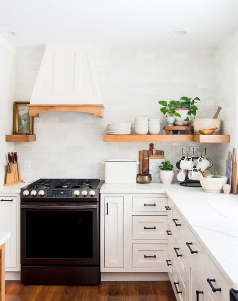 The debate of floating kitchen shelves vs. cabinets is a hot topic years into the open shelving trend. Read 15 pros & cons to settle it once and for all! #fromhousetohaven #openshelving #kitchenideas #floatingkitchenshelves #kitchenshelves #floatingshelves #kitchendesign Floating Kitchen Shelves, Kitchen Hood Design, Kitchen Vent, Corner Kitchen Cabinet, Shaker Kitchen Cabinets, Open Kitchen Shelves, Design Your Kitchen, Kitchen Hoods, Kitchen Corner