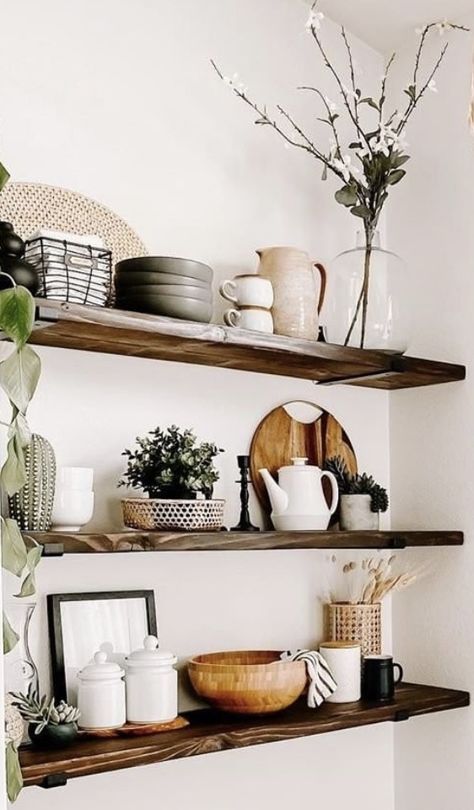 Minimalist Boho Kitchen Decor, Open Shelving Kitchen Styling, Exposed Kitchen Shelves Decor, Kitchen Decor Shelves Display, How To Display China On Shelves, Floating Shelves For Dishes, Dining Area Shelves, Shelves Dinning Room, Open Kitchen Shelves With Dishes