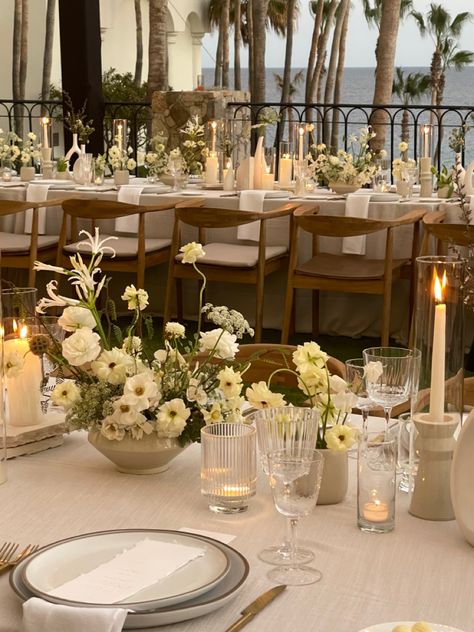 cabo wedding wedding set up destination wedding Table Settings Beach Wedding, Malibu Wedding Aesthetic, The Colony Palm Beach Wedding, Beach Wedding White Theme, Destination Wedding Florals, Earthy Neutral Wedding, Santorini Wedding Decor, Cabo Wedding Ideas, Milos Wedding