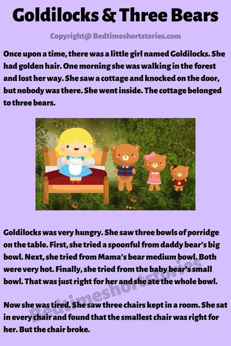 Bedtime Story For Boyfriend, Story For Kids Short In English, Bed Time Stories For Kids, Cute Bedtime Stories, Goldilocks And Three Bears, Short Bedtime Stories, Short Fairy Tales, Short Story For Kids, Small Stories For Kids