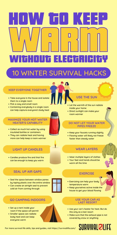 Surviving Without Electricity, Heat Sources Emergency, How To Survive Winter, Keeping Warm Without Electricity, Winter Weather Preparedness, Winter Tips Life Hacks, Off Grid Prepping, How To Survive Without Electricity, Home Heating Hacks Winter