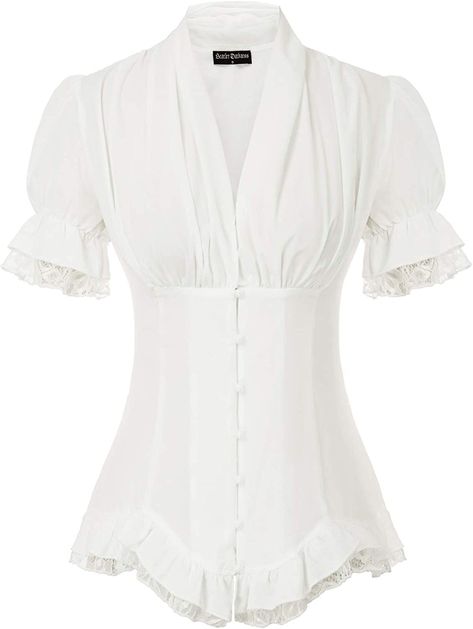 Women Victorian V Neck Shirt Steampunk Short Sleeve Blouse White S at Amazon Women’s Clothing store Victorian Shirt, Corset Costumes, Victorian Blouse, Looks Country, Laced Up Shirt, Pleated Shirt, Pleat Top, Women Shirts Blouse, Puff Sleeve Top