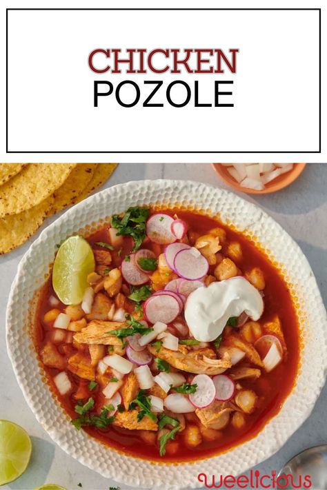 Chicken Pozole is a hearty and healthy Mexican-style soup that’s super easy make and full of flavor. It’ll warm you up from the inside out during these chilly winter months. Red Pozole Recipe Chicken, Chicken Pozole Recipe Red, Pazole Soup Chicken Easy, Pozole Recipe Chicken, Pazole Soup, Chicken Pozole Rojo, Red Chicken Pozole, Chicken Posole Recipe, Easy Pozole Recipe